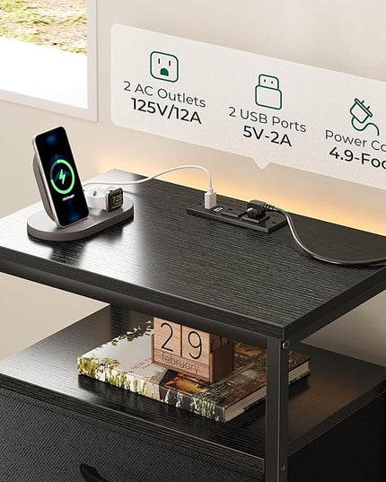 5 Drawers Dresser with Charging Station, Dresser for Bedroom, Tall Night Stand, Chest of Drawers with Open Shelf, Bedside Table Nightstand, Fabric Dresser Storage Drawers, for Entryway, Black - LeafyLoom