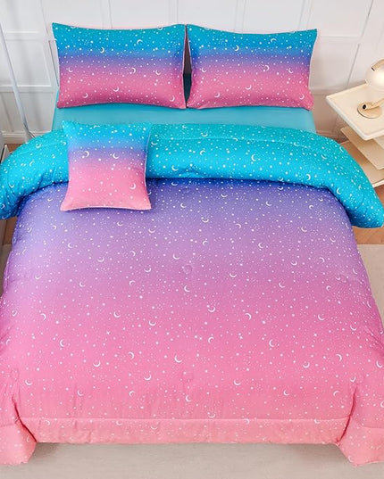 URBONUR Rainbow Comforter Set Queen Size for Teen Girls & Boys Women, Multicolor Moon Printed Bedding Set, 6 Pieces Bed in a Bag, Soft All Season (Rainbow, Queen) - LeafyLoom
