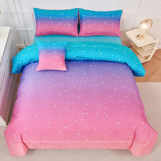 URBONUR 6 Pieces Full Size Comforter Set for Girls Moon Star Printed Bedding Set Gradient Pink Purple Blue, Soft Microfiber All Season Kids Bed Sets (Full Size, 6PCS) - LeafyLoom