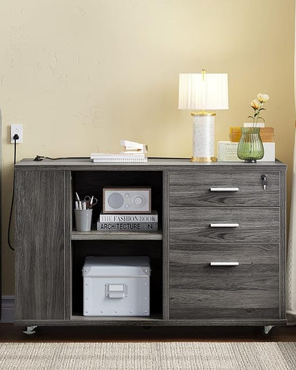 YITAHOME File Cabinet with Charging Station, Mobile Lateral Filing Cabinet with Lock for Home Office, Printer Stand with Open Storage Shelf, Fits A4, Letter, Legal Size Files, Office Furniture, Grey - LeafyLoom