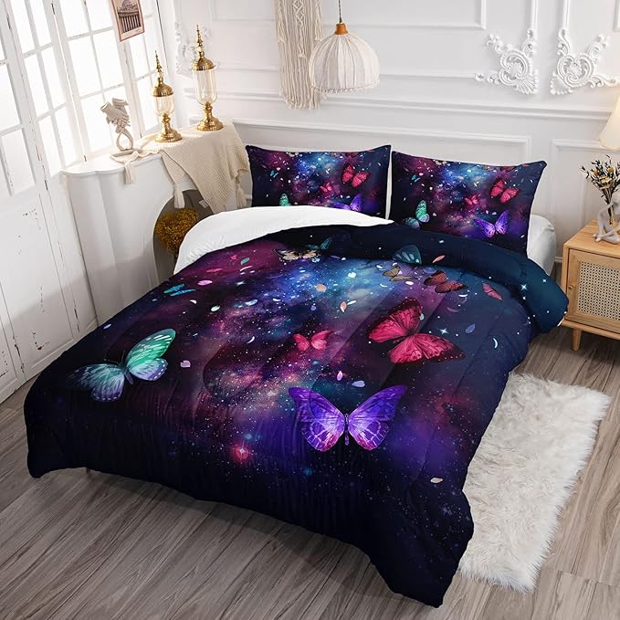 Butterfly Comforter Set for Girls Women,Colorful Butterflies in Space Galaxy Printed Black Bedding Set with 2 Pillowcases(Butterfly Galaxy Twin) - LeafyLoom