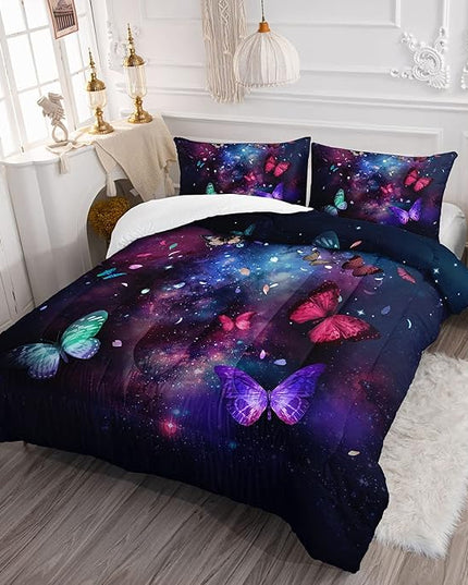 Datura home Butterfly Comforter Set for Girls Women,Colorful Butterflies in Space Galaxy Printed Black Bedding Set with 2 Pillowcases(Butterfly Galaxy Full) - LeafyLoom
