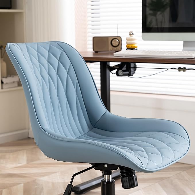 YOUNIKE Desk Chair with Wheels Armless Office Chair Swivel Rolling Task Chair with Back Upholstered Faux Leather Computer Chair Height Adjustable Modern Ergonomic Seat, Loads 300 lbs, Blue - LeafyLoom