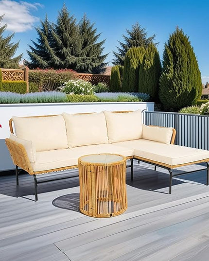 3-Piece Outdoor PE Rattan Furniture Set, Patio Wicker Conversation Loveseat Sofa Sectional Couch with Thick Cushion for Backyard, Deck, Poolside, Zn-Light Yellow - LeafyLoom