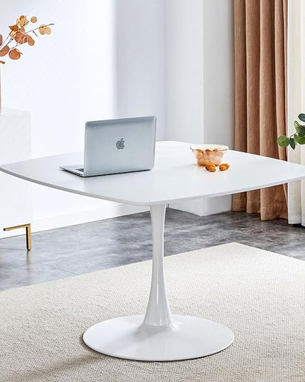 42 inch White Square Pedestal Table for 4-6 Person, Mid Century Modern Table for Kitchen Dining Room - LeafyLoom