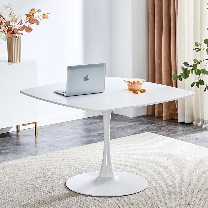 42 inch White Square Pedestal Table for 4-6 Person, Mid Century Modern Table for Kitchen Dining Room - LeafyLoom