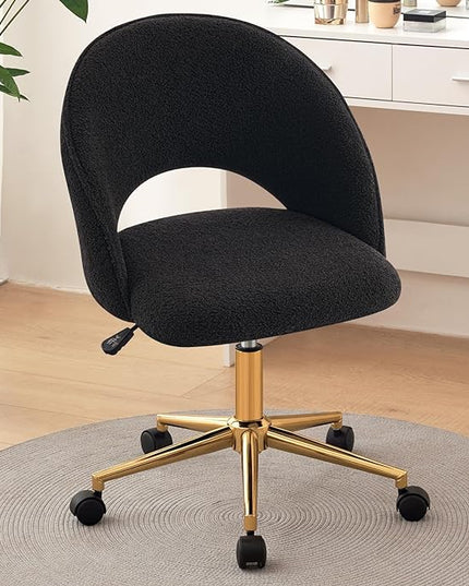 Furniliving Velvet Home Office Chair, Height Adjustable Swivel Vanity Chair with Wheels, Upholstered Desk Task Makeup Chair Computer Chair with Gold Metal Base Stool Chairs (Black) - LeafyLoom
