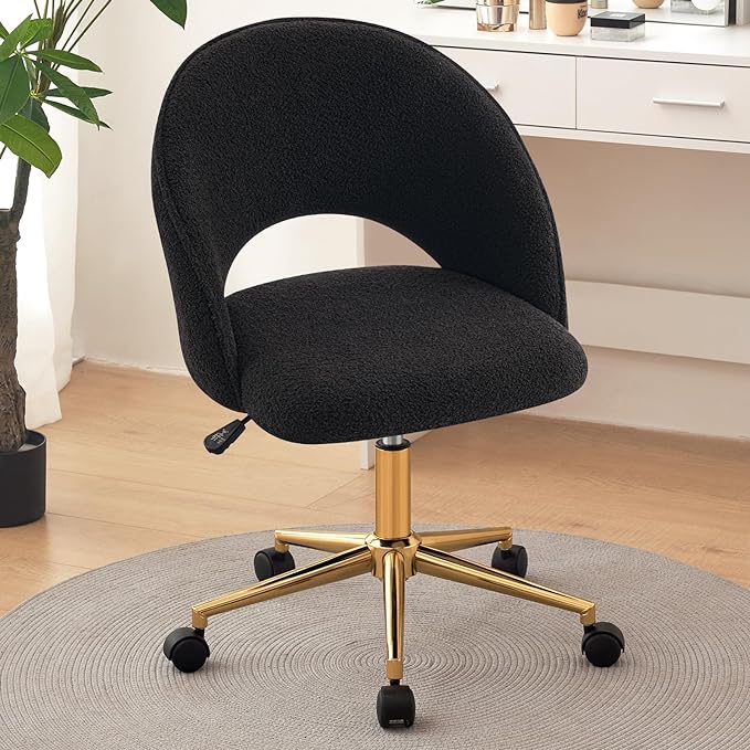 Furniliving Velvet Home Office Chair, Height Adjustable Swivel Vanity Chair with Wheels, Upholstered Desk Task Makeup Chair Computer Chair with Gold Metal Base Stool Chairs (Black) - LeafyLoom