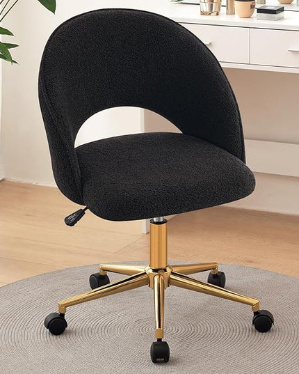 Furniliving Home Vanity Desk Chair, Modern Cute Desk Chairs Adjustment Height Chair with Swivel Wheels Upholstered Sherpa Gold Metal Base for Makeup Living Room Bedroom,Black - LeafyLoom