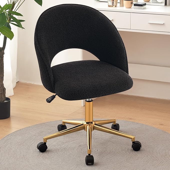 Furniliving Home Vanity Desk Chair, Modern Cute Desk Chairs Adjustment Height Chair with Swivel Wheels Upholstered Sherpa Gold Metal Base for Makeup Living Room Bedroom,Black - LeafyLoom