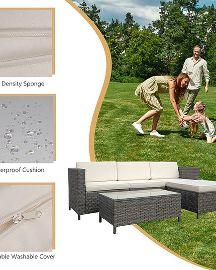 5 Piece Outdoor Patio Sectional Furniture Set, Weather Resistant Rattan Outside Couch, Waterproof Conversation Sofa for Balcony, Porch, Backyard, Deck, Garden,Beige - LeafyLoom