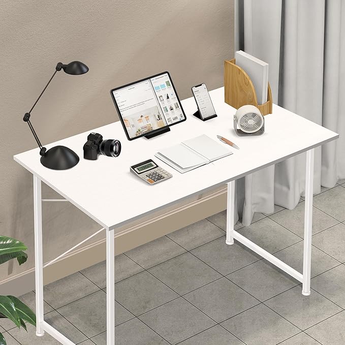 YSSOA Computer Desk Home Office Work Study Writing Modern Simple Table with Headphone Hooks, 40 Inch, Basic White - LeafyLoom