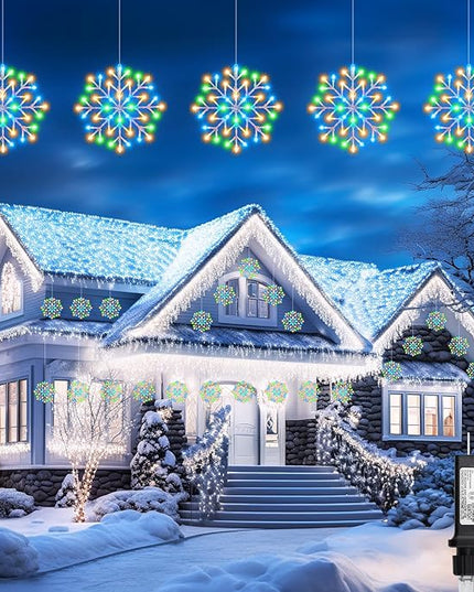 Christmas Snowflake Icicle Lights Outdoor - Plug-in 10.5ft 5 Drops 240LED Snowflake Window Lights with 8 Modes, Hanging Lights for Indoor Outdoor Porch Eaves Rooftops Christmas Decor, Multicolor Brightown