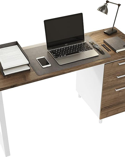 Milano Home Office Desk - 47Inch Cass walnut/white Home Office Desk with Drawers - Modern Computer Desk with Storage, Detachable & Lockable Computer Cabinet - Wooden Office, Study, and Writing Table - LeafyLoom