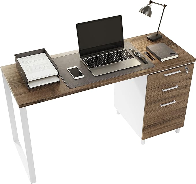 Milano Home Office Desk - 47Inch Cass walnut/white Home Office Desk with Drawers - Modern Computer Desk with Storage, Detachable & Lockable Computer Cabinet - Wooden Office, Study, and Writing Table - LeafyLoom