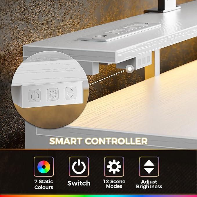 Gaming Desk with 6 Drawers, Computer Desk with LED Lights Power Outlets and Type-C, 39 Inch Office Desk with Storage, Monitor Stand, Writing Desk Work Desk Home Office, Bedroom, Study, White - LeafyLoom