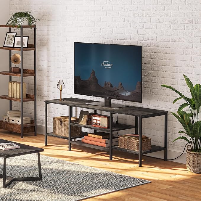 HOOBRO TV Stand with Power Outlets to 75 Inches, TV Console Table with Open Storage Shelves Cabinet, Industrial Media Entertainment Center for Living Room Bedroom, Charcoal Gray and Black BC60DS01 - LeafyLoom