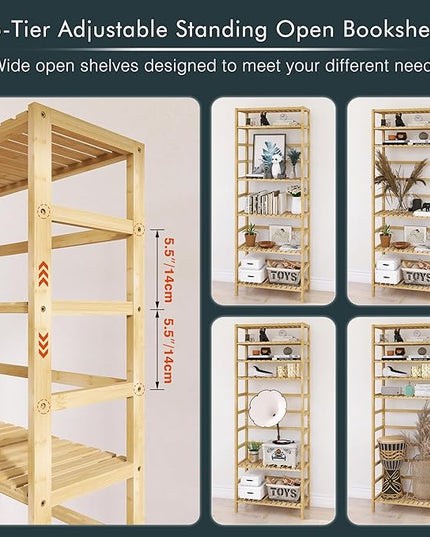 Bamboo Shelf, 6-Tier Adjustable Tall Open Bookcase, Bathroom Storage Rack Freestanding Shelving Unit, Plant Display Stand for Small Space, Natural - LeafyLoom