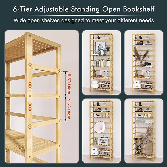 Bamboo Shelf, 6-Tier Adjustable Tall Open Bookcase, Bathroom Storage Rack Freestanding Shelving Unit, Plant Display Stand for Small Space, Natural - LeafyLoom