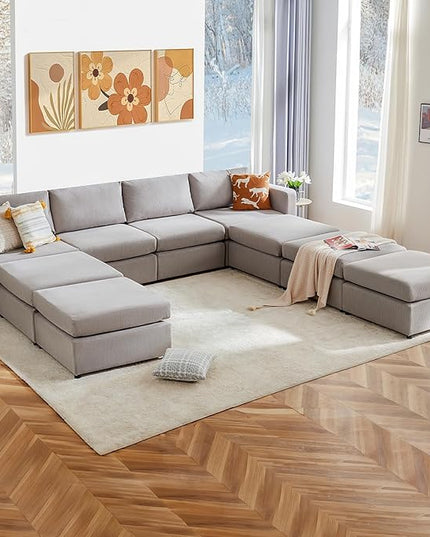 Sweetcrispy Convertible Modular Sectional Sofa, 9 Seat Sectional Couches for Living Room, U-Shaped Modern Fabric Modular Sofa Sleeper with Double Chaise for Home, Apartment, Dorm, Grey - LeafyLoom