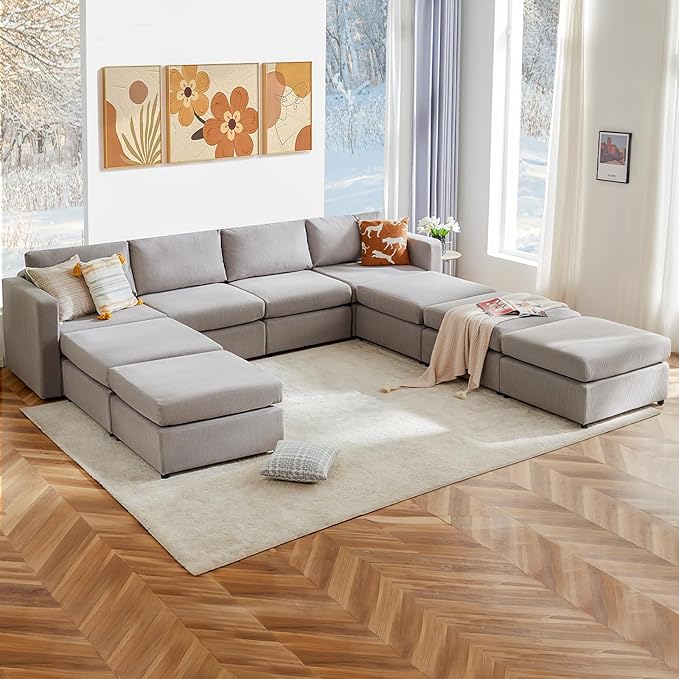Sweetcrispy Convertible Modular Sectional Sofa, 9 Seat Sectional Couches for Living Room, U-Shaped Modern Fabric Modular Sofa Sleeper with Double Chaise for Home, Apartment, Dorm, Grey - LeafyLoom