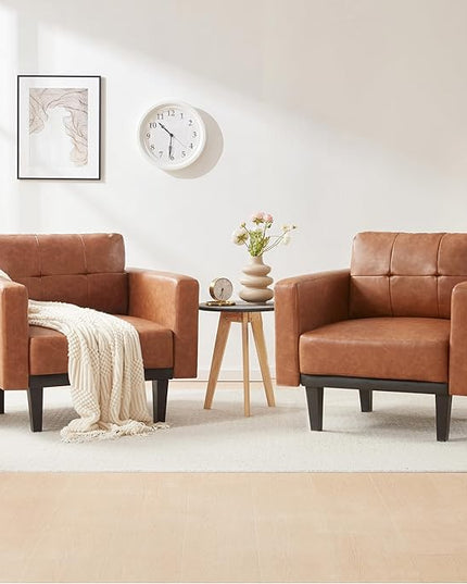 Mid-Century Modern Leather Accent Chair with Wood Base & Legs, Oversized Upholstered Single Sofa Chair, Comfy Living Room Armchairs for Apartment Bedroom Office Study, Cognac/Espresso - LeafyLoom