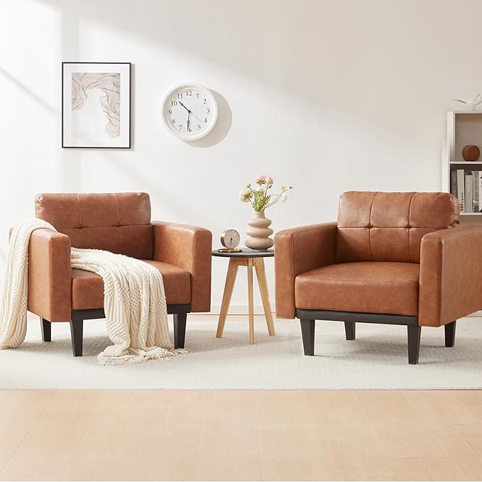 Mid-Century Modern Leather Accent Chair with Wood Base & Legs, Oversized Upholstered Single Sofa Chair, Comfy Living Room Armchairs for Apartment Bedroom Office Study, Cognac/Espresso - LeafyLoom