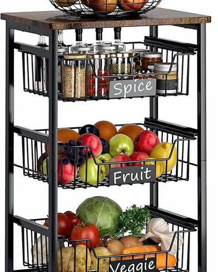 4-Tier Small Kitchen Storage Cart on Wheels, Metal Fruit Basket Stand with Pull-Out Baskets & Wood Top for Potato Onion Produce Snack Veggies - LeafyLoom
