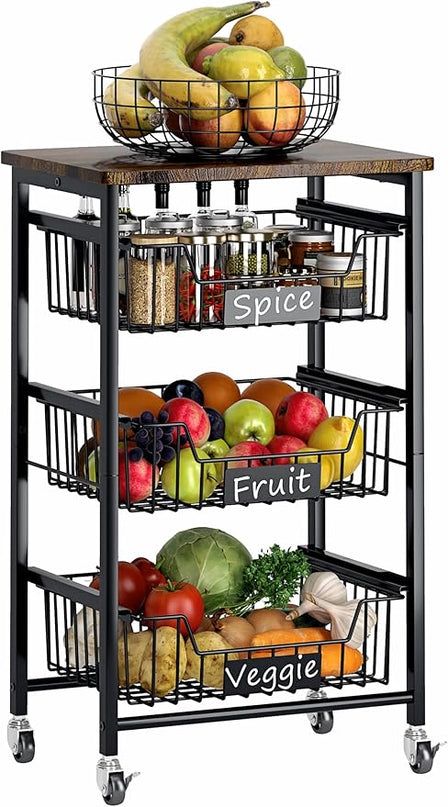 4-Tier Small Kitchen Storage Cart on Wheels, Metal Fruit Basket Stand with Pull-Out Baskets & Wood Top for Potato Onion Produce Snack Veggies - LeafyLoom