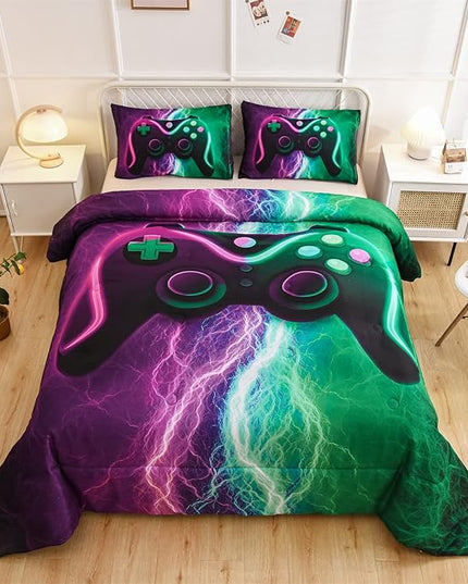 Meeting Story Gamer Comforter Sets for Boys Queen Size Tie Dye Lightnings Gamepad Bedding Set Games Console Action Buttons Novelty Colorful Modern Room Decor Home Quilt Set (Queen, Green-Purple) - LeafyLoom