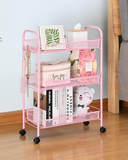 TOOLF 3-Tier Metal Rolling Cart, Mesh Wire Easy Assemble Utility Cart, Storage Trolley on Wheels with 3 Hooks, MetalStorage Shelving Units for Kitchen Bathroom Laundry Room - LeafyLoom