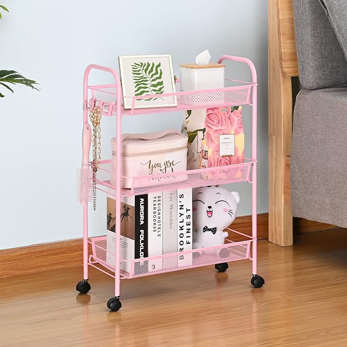 TOOLF 3-Tier Metal Rolling Cart, Mesh Wire Easy Assemble Utility Cart, Storage Trolley on Wheels with 3 Hooks, MetalStorage Shelving Units for Kitchen Bathroom Laundry Room - LeafyLoom