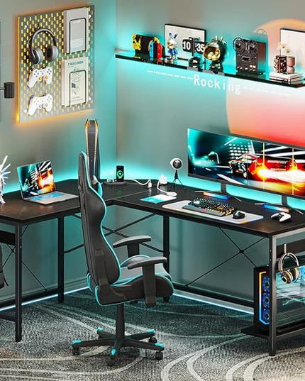 Coleshome 59" L Shaped Gaming Desk with Outlet, L Shaped Desk with CPU Stand, Corner Computer Desk, Home Office Desk, Writing Desk, Black - LeafyLoom