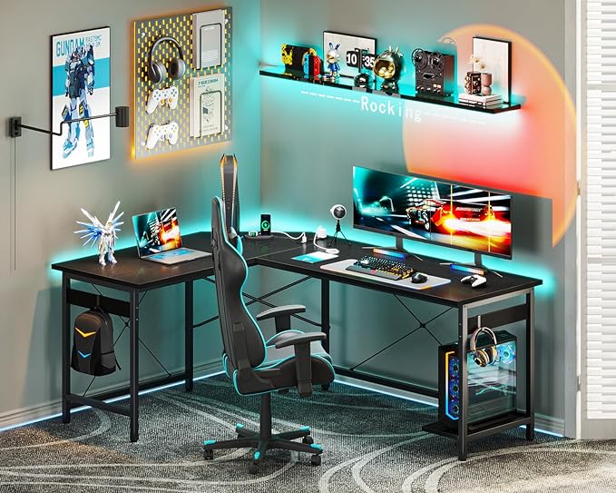 Coleshome 59" L Shaped Gaming Desk with Outlet, L Shaped Desk with CPU Stand, Corner Computer Desk, Home Office Desk, Writing Desk, Black - LeafyLoom