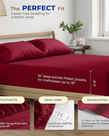 THREAD SPREAD 100% Egyptian Cotton Sheets California King Size - 600 Thread Count 4 PC Luxury Sheets Cal King Size, Soft, Cooling Hotel Luxury Sheets & Pillowcases, Fits Mattress upto 18" - Burgundy - LeafyLoom