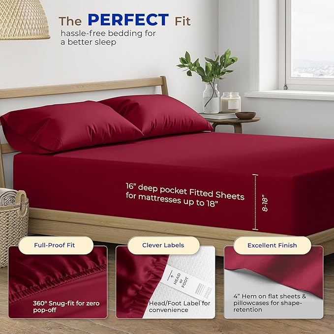 THREAD SPREAD 100% Egyptian Cotton Sheets Full Size - 600 Thread Count Sheets 4 PC 16" Deep Pocket Full Size Sheets Set, High Thread Count Soft Cooling Sateen Weave Hotel Luxury Sheets Set - Burgundy - LeafyLoom