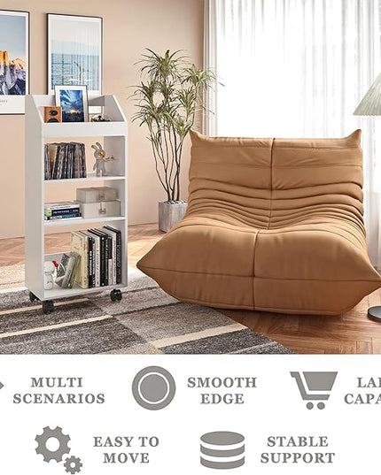 4-Tier Mobile Bookshelf, White Bookcase with Wheels, Rolling File Holder Desk File Book Organizer for Home Office Living Room School - LeafyLoom