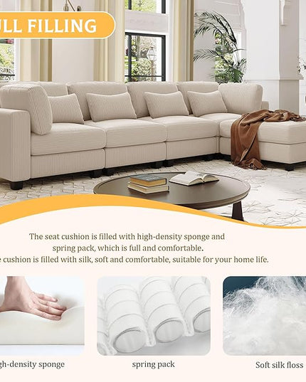 Removable comfortable Pieces Convertible Modular Sectional Movable Ottoman,Large L Shaped Corner Reversible Chaise and Waist Pillows, 5-Seat Oversized Cloud Sofas & Couches, Beige-C - LeafyLoom