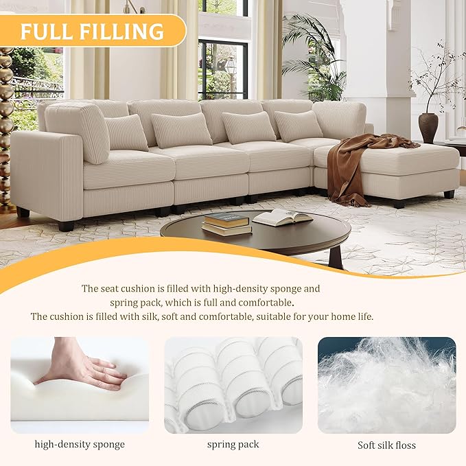 Removable comfortable Pieces Convertible Modular Sectional Movable Ottoman,Large L Shaped Corner Reversible Chaise and Waist Pillows, 5-Seat Oversized Cloud Sofas & Couches, Beige-C - LeafyLoom
