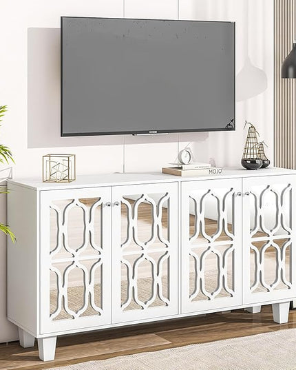 NicBex TV Stand for 65 Inch TV Modern TV Media Console Table with Adjustable Shelves, 4-Door Mirror Hollow-Carved,Entertainment Center with Storage for Living Room,63 Inch,White - LeafyLoom
