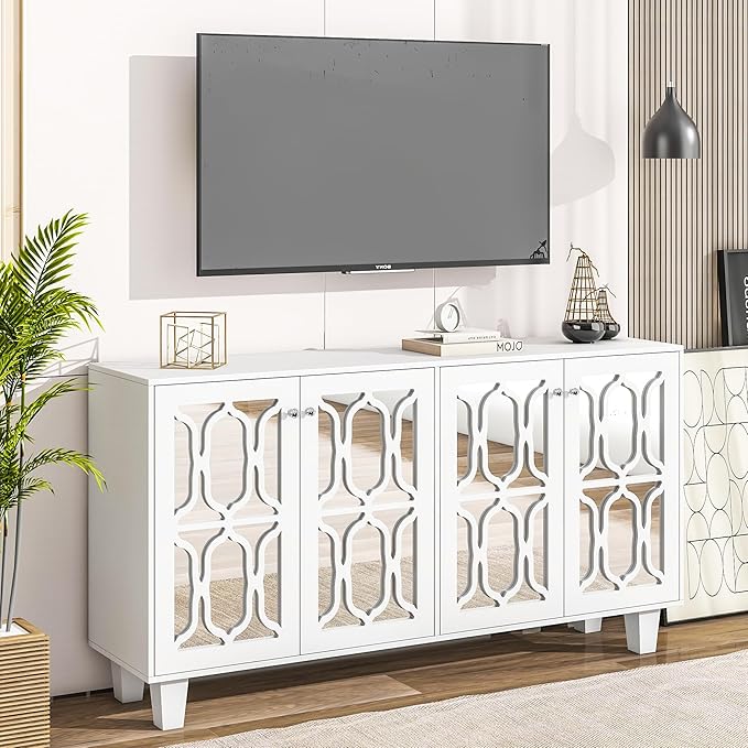 NicBex TV Stand for 65 Inch TV Modern TV Media Console Table with Adjustable Shelves, 4-Door Mirror Hollow-Carved,Entertainment Center with Storage for Living Room,63 Inch,White - LeafyLoom