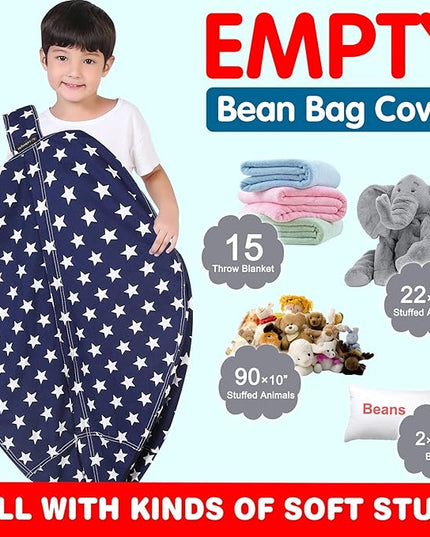 Lukeight Stuffed Animal Storage Bean Bag Chair Cover for Kids, Zipper Beanbag Chair Cover for Organizing Toddler & Kids' Rooms Plush Toys (Stars Navy, X-Large) - LeafyLoom