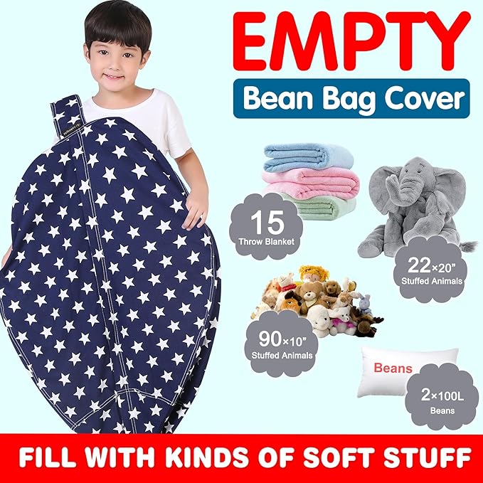 Lukeight Stuffed Animal Storage Bean Bag Chair Cover for Kids, Zipper Beanbag Chair Cover for Organizing Toddler & Kids' Rooms Plush Toys (Stars Navy, X-Large) - LeafyLoom