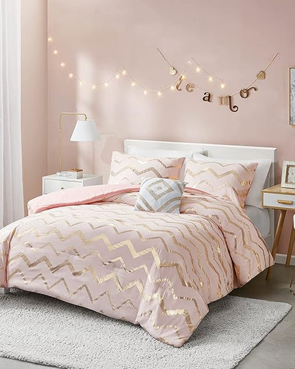 Codi King Size Bedding Sets Pink - Metallic Print Blush Comforter Set - 4 Piece includes 1 Rose Gold Comforter, 1 Decorative Pillow, 2 Pillow Cases - All Seasons Warm - LeafyLoom