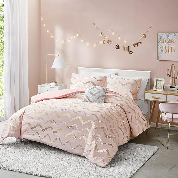 Codi King Size Bedding Sets Pink - Metallic Print Blush Comforter Set - 4 Piece includes 1 Rose Gold Comforter, 1 Decorative Pillow, 2 Pillow Cases - All Seasons Warm - LeafyLoom