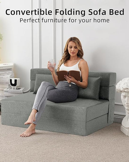 Convertible Folding Sofa Bed-Sleeper Chair with Pillow, Modern Linen Fabric Floor & Futon Couch, Foldable Mattress for Living Room/Dorm/Guest Use/Home Office/Apartment, Queen Size, Light Gray - LeafyLoom