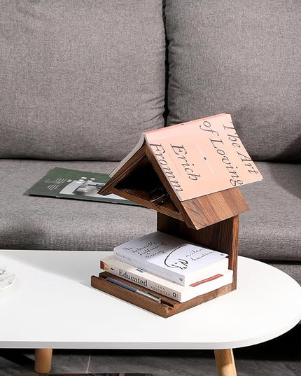 Floating Bedside Wood Bookshelf, Triangle Book Page Holder, Wooden Simple Bookcase for Bedroom Nightstand Library Office or Wall Decor Storage (Brown - LeafyLoom