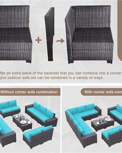 Patio Furniture Set Sofa 12-Pieces Wicker Sectional Sofa Set, Outdoor Furniture Rattan Patio Conversation Set with Thickened Cushions and Glass Coffee Table, Blue - LeafyLoom