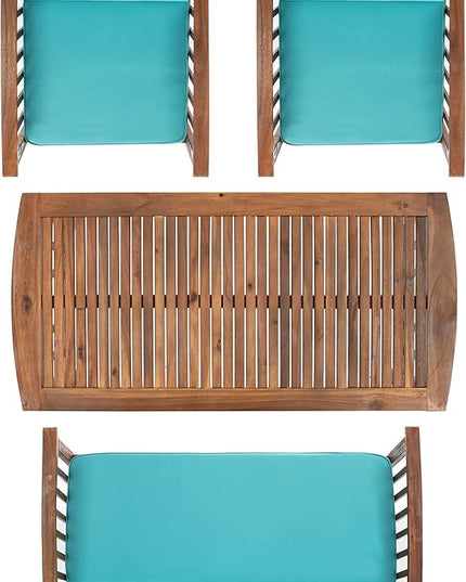 SAFAVIEH Outdoor Collection Rocklin Natural/ Aqua Cushion 4-Piece Conversation Patio Set - LeafyLoom