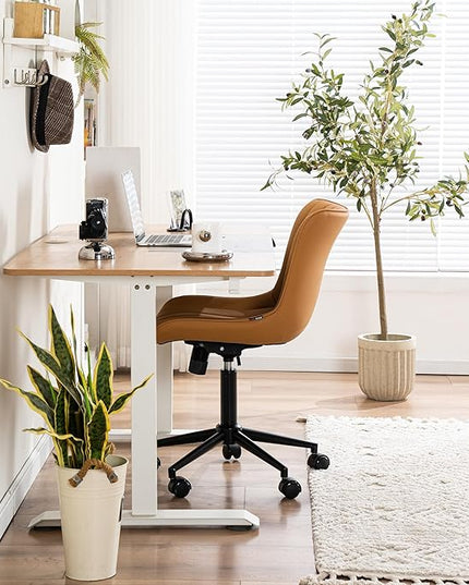 YOUNIKE Armless Office Chair with Wheels Swivel Desk Chair Upholstered Leather Computer Task Chair Height Adjustable Modern Rolling Chair with Backrest Tan - LeafyLoom